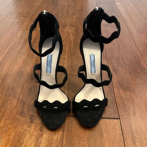 Prada Black Wavy Strap Suede Stilettos Heels Sandals Sz 36 - Picture 4 of 13